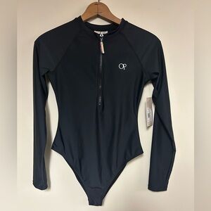 OP Long-sleeved One Piece Black Zip Swimsuit Size M High Cut New With Tag
